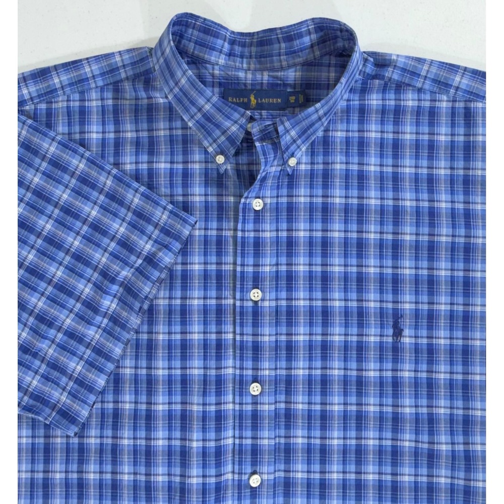 Ralph Lauren Button Down Shirt 2XB Blue Plaid Cotton Office Preppy Business